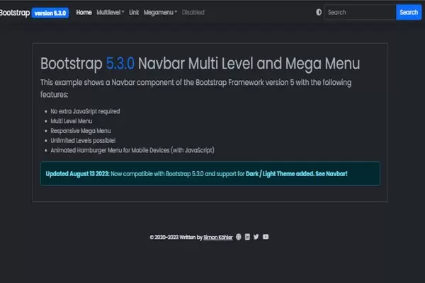 Многоуровневая навигационная панель и мегаменю с темной темой